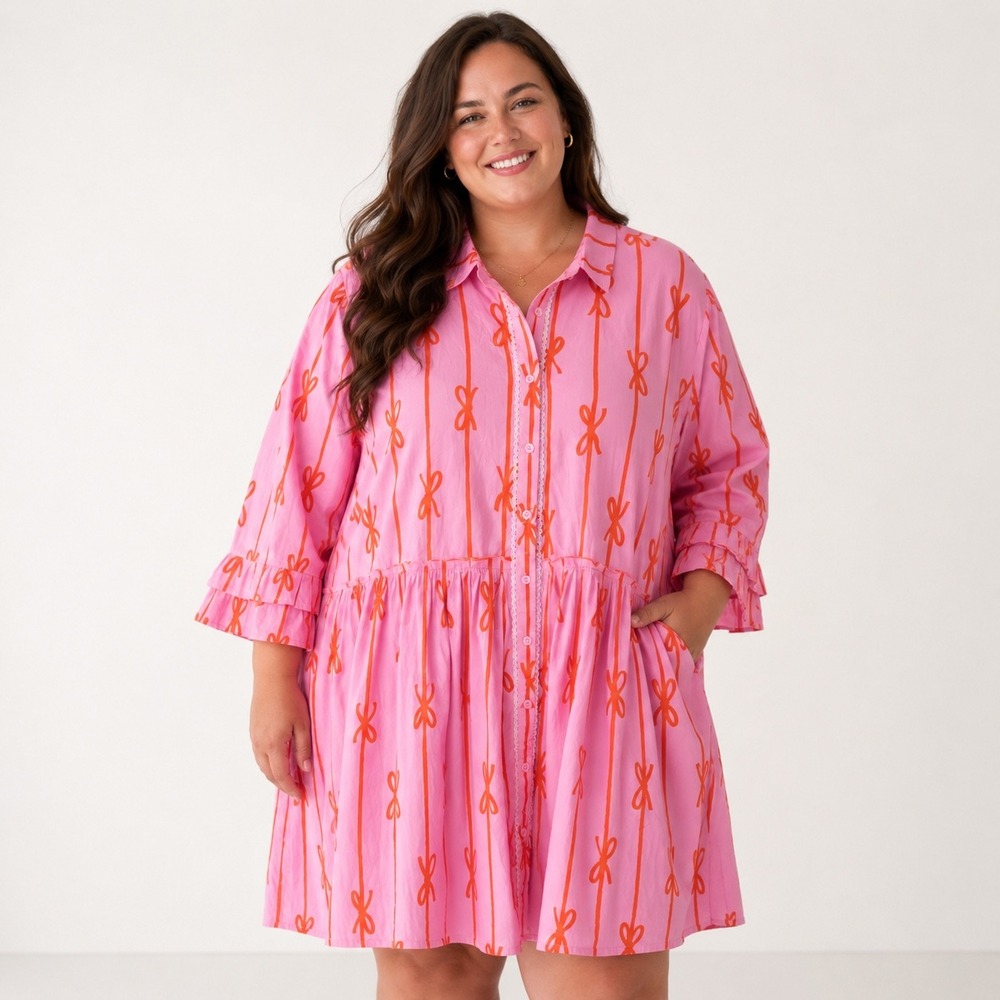 Ivy City Co Bowie Dress Pink Orange Bow Print Cotton Lace Trim Mini Dress 2X NEW